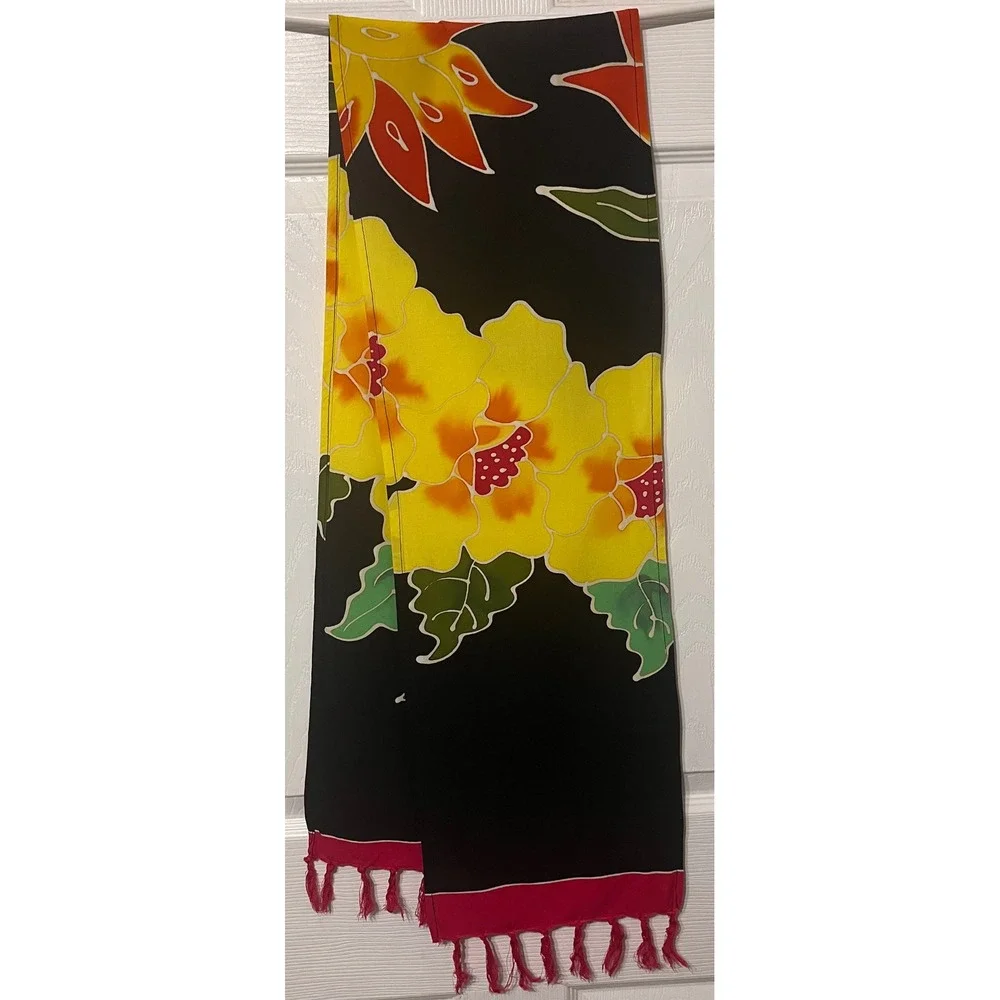 Evolution by Kembali Scarf Black Yellow Floral Batik Fringe Indonesia 10x60